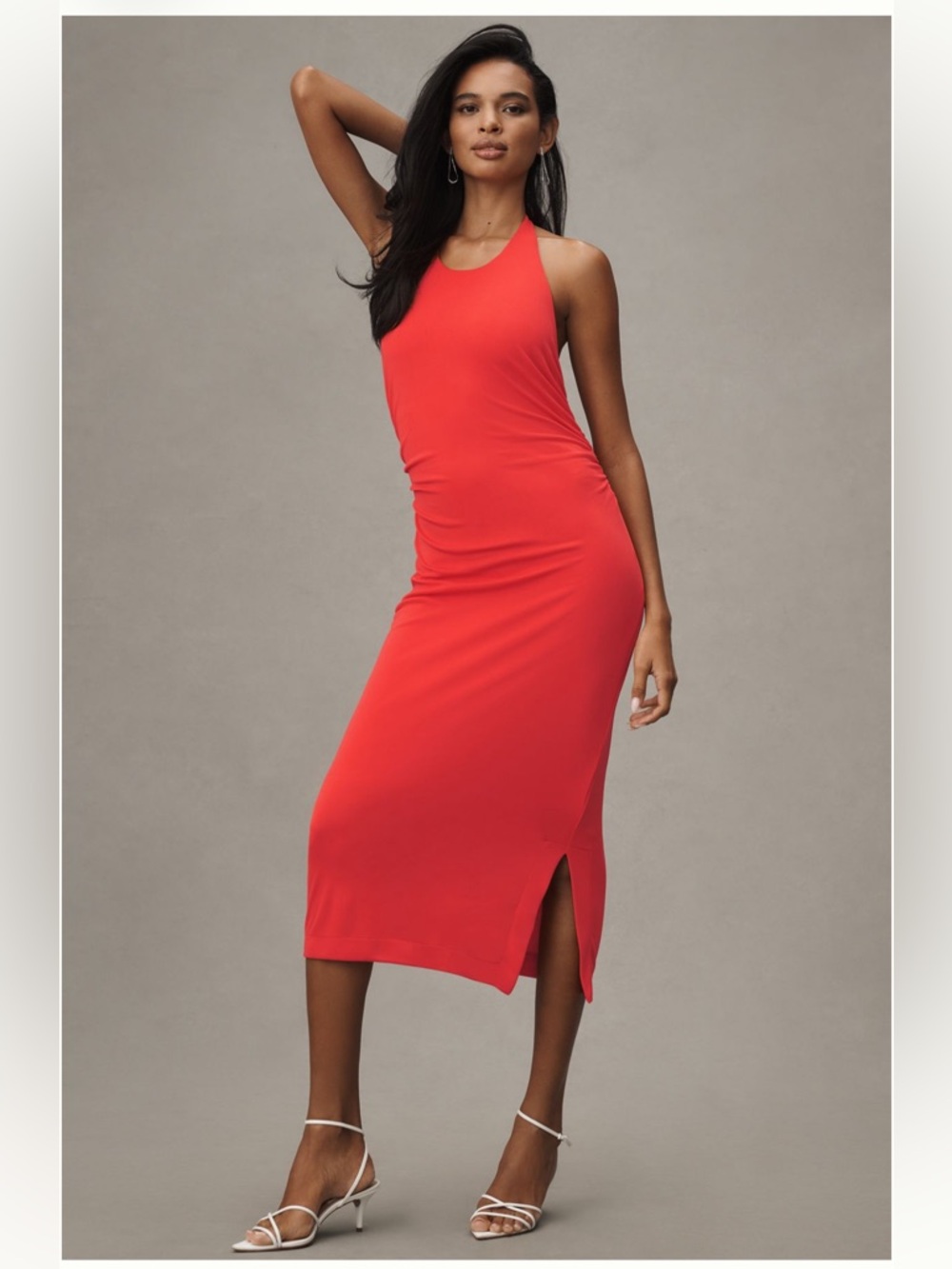ANTHROPOLOGIE Slinky Knit Open Back Halter Dress Cherry Tomato Cherry NEW